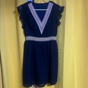 Elegant Navy Blue Dress with Lace Trim